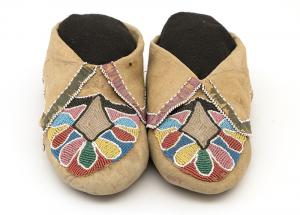 Antique Moccasins, Prairie, circa 1850, classic period, 19th century, Native American, Indian, Beaded, Northeast, Woodlands, beadwork, hide, ribbon, glass trade bead, blue, red, green, pink & yellow, purple, green, cuffs, soft sole
