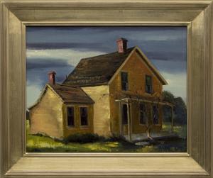 Jon Blanchette, "East Santa Cruz (California)", oil painting circa 1955 for sale, framed california landscape, california landscape painting, original oil painting, 1950s oil painting, painting with yellow farm house, 