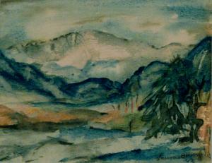 Laura Palmer Bunnell, "Pikes Peak"  Colorado landscape painting, modernist, watercolor, 1962, mid century