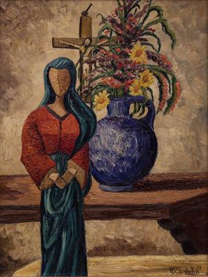 Howard Behling Schleeter, "Madonna of the Picture" oil, May 16, 1939 New Mexico Modernist bulto santo spanish colonial devotional art