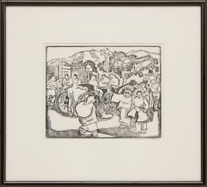 Barbara Latham, "Saturday Morning (Market, Taos Plaza, New Mexico)", linoleum cut, circa 1950 for sale purchase consign auction denver Colorado art gallery museum