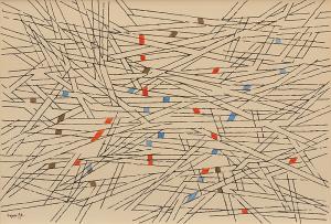 Herbert Bayer, "Abstract Composition in Brown, Orange and Blue", watercolor, 1954 for sale purchase