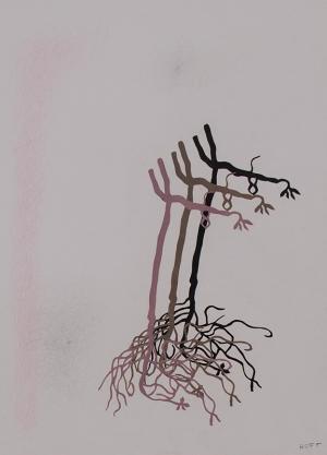 Margo Hoff, "Last Potato Root, Series #2", mixed media, painting, original, vintage, woman, female, art, modern, abstract, 1980s, 1985, gallery, denver, colorado, organic, for sale, purchase, museum