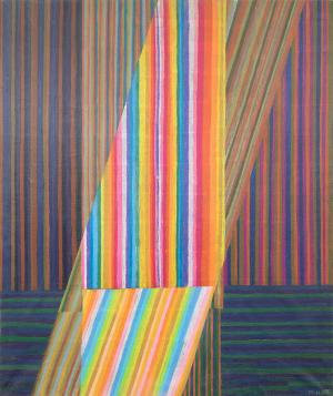 Margo Hoff, Rainbow River, oil painting, 1979, abstract, 20th century, red, green, blue, yellow, purple, pink