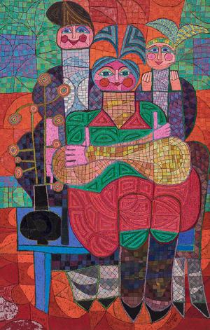 Edward Marecak, "Three Little Maids", oil, 1987, vintage oil painting, for sale, denver, art, modern, red, orange, green, yellow, blue, purple, black, pink, abstract, figures, women