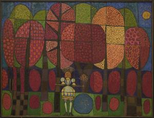 Edward Marecak, art for sale, The Enchantress, oil painting, 1966, midcentury, modern, mid-century, denver, cubist, abstract, modernist, red, yellow, green, blue, orange, gold, pink, vintage art