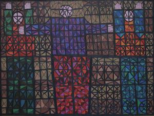 Edward Marecak "Three Figures Caught in Stained Glass" 1989 vintage oil painting fine art for sale purchase buy sell auction consign denver colorado art gallery museum   