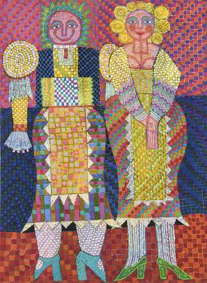 Edward Marecak, "Two Slavic Ladies", oil painting for sale, vintage, 1989, yellow, pink, purple, blue, green, semi-abstract, women, figurative
