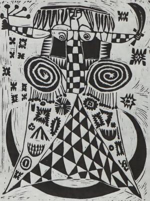 Edward Marecak, Abstracted Figure Holding Sword and Branch, woodcut, Woodblock,1940, 1950, 1960, 1970, Print, modernist, midcentury, modern, abstract, Art, for sale, Denver, Colorado, gallery, purchase, vintage, black, white