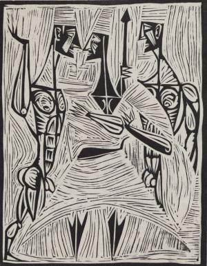 Edward Marecak, The Abduction of Helen, woodcut, Woodblock, circa 1940, 1950, 1960, 1970, helen of troy, sparta, greek mythology, modern, abstract, Art, for sale, Denver, Colorado, gallery, purchase, vintage, black, white