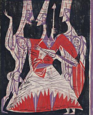 Edward Marecak, The Abduction of Helen, woodcut, Woodblock, circa 1940, 1950, 1960, 1970, helen of troy, sparta, greek mythology, modern, abstract, Art, for sale, Denver, Colorado, gallery, purchase, vintage, red, black, white, purple 