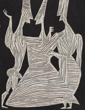 Edward Marecak, The Abduction of Helen, helen of troy, trojans, paris, woodcut, Woodblock, black, white, 1940, 1950, 1960,1970, Print, modernist, midcentury, modern, abstract, Art, for sale, Denver, Colorado, gallery, purchase, vintage