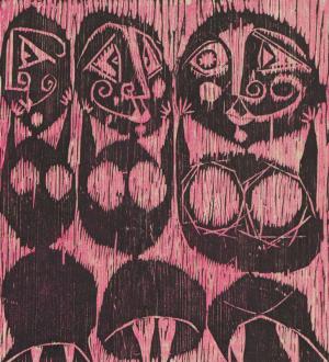 Edward Marecak, Three Witches with Masks, woodcut, Woodblock, circa 1940, 1950, 1960, 1970, black, pink, color, print,  Vintage, Fine art, for sale, purchase, gallery, museum, Denver, Colorado, consign, midcentury, mid century, mid-century, modern, mythology, greek, roman, female, mask, figurative, figure