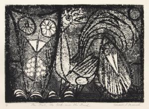 Edward Marecak, "The Owl, The Cock, And The Duck", lithograph, vintage, art, for sale, black, white, animal, abstract, mid-century, midcentury, modern