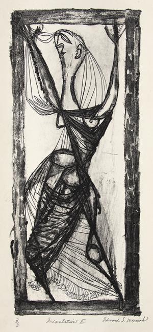 Edward Marecak, "Incantation II", lithograph, circa 1950, art, for sale, black, white, abstract, insect, grasshopper, anthropomorphic, modernist, mid-century, midcentury modern