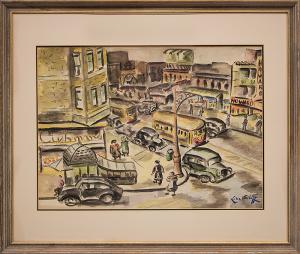 Luba Schiff, "Untitled (Street Scene, Chicago)", 1930s 1940s gouache painting fine art for sale purchase buy sell auction consign denver colorado art gallery museum