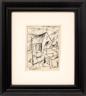 Charles Ragland Bunnell art for sale, Georgetown, Church in the Mountains, Colorado, ink drawing painting, 1938