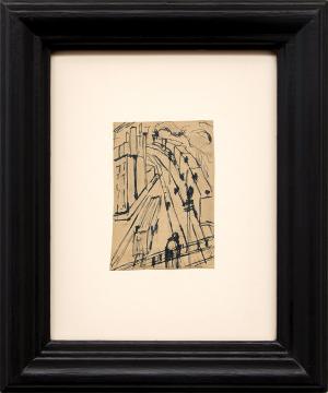 Charles Ragland Bunnell art for sale, Railway Tracks, trains, kansas city, ink drawing, painting, circa 1935, vintage, broadmoor academy, wpa era
