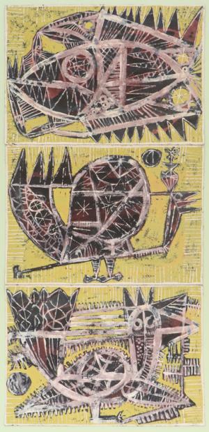Edward Marecak, Birds and Fish, acrylic, painting, circa 1960's, Vintage, Fine art, original, for sale, purchase, gallery, museum, Denver, Colorado, consign, yellow, red, pink