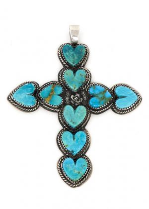 Navajo cross pendant with heart shaped turquoise sterling silver by La Rose Ganadonegro old pawn style