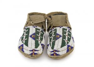 Antique Beaded Moccasins for sale, Arapaho, vintage, circa 1880, bead-work, beaded hide, Plains Indian, Buffalo Tracks, Tepee, Tipi, green, white, blue, yellow, red 