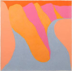Margo Hoff, "Two Roads (Path Series)", modernist abstract painting, conte crayon, 1980, woman artist, orange, gray, pink, peach