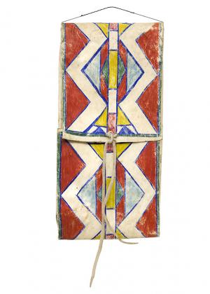 Antique Parfleche Envelope for sale, Crow, Native American, Plains Indian, Abstract, art, painting, vintage, red, blue, green, yellow, zig-zag, hourglass, wall hanging