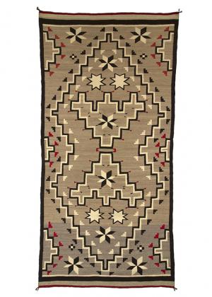 Navajo Rug vintage trading post vallero star crystal pattern tan light brown gray white black red