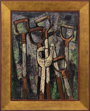 Paul K Smith, "Shovel Handles", oil painting, vintage 1954, modernist signed denver artist