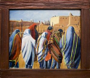 Wolfgang Pogzeba vintage oil painting for sale, Native American Men Standing at Taos Pueblo, blankets, adobe oil, American Indian Art