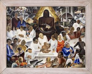 Virginia True, Home Economics, oil painting, vintage, circa 1937, art for sale, cornell university, mural study, woman artist, prospectors, brown, white, red, blue, gold, yellow, black