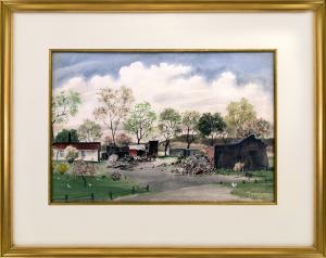 Adolf Dehn, Minnesota Farm, watercolor, 1942, vintage art, painting for sale, farmhouse, barn, shed, trees, blue sky, white clouds, chickens, farmyard, green, blue, red, white, brown, gray