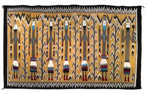 vintage navajo rug, pictorial weaving, southwestern, textile, yei, yeibichai, native american, feather, yellow, black, white, blue, red, brown, camel 