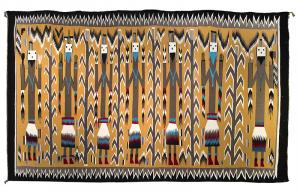 vintage navajo rug, pictorial weaving, southwestern, textile, yei, yeibichai, native american, feather, yellow, black, white, blue, red, brown, camel