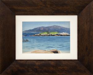 Charles Partridge Adams, "Untitled (California Coast)", watercolor, circa 1925, marine, painting for sale, vintage, landscape, blue, beige, green