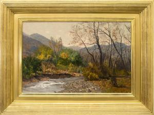 Charles Partridge Adams, "Clear Creek (Colorado Mountain Landscape)", oil painting, for sale, 1890, 19th century, autumn, fall color, tree, river, mountain, landscape, brown, green, gold, blue, brown, white, yellow