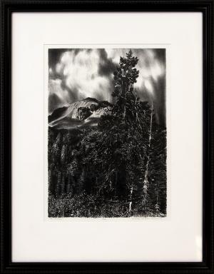 Walter DuBois Richards, "Mt Lassen", Northern California, landscape, mountain, lithograph, black, white, tree, mountain, snow, cloud, storm, pine, vintage art for sale