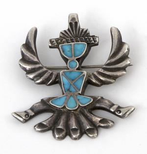 Vintage old pawn Zuni pin, Knifewing figure, Horace Iule, Aiuli, silver, turquoise, channel inlay, vintage southwestern jewelry, pueblo 