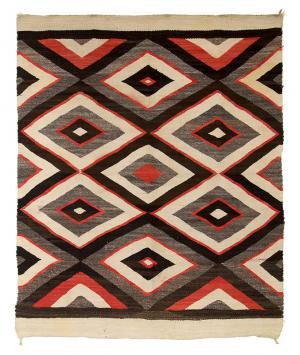 Vintage Navajo rug, circa 1920s, 1930s, pan-reservation, trading post era, diamond pattern, gray, white, red, ivory, brown, black