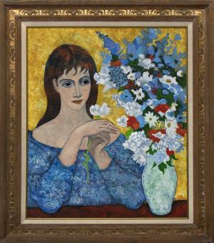 Marcel Ronay, Girl with Bouquet in Vase, painting, oil, 1978, vintage, french, portrait, flowers, blue, yellow, green, red, brown
