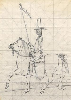 Verona L. Burkhard, "Untitled (Sketch for Mural)", graphite drawing, man on horseback