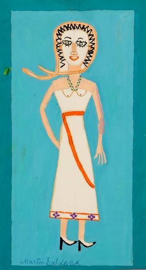 Martin Saldana, "Pinky", oil, 1963, female figure, mexican folk art, primitive naive painting, blue, white, orange