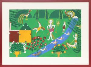 Martin Saldana, Hummingbird by the River, oil, painting, 1950, 1960, primitive, folk art, mexican, flower, tree, bird, 1953-1965, Art, for sale, Denver, Colorado, gallery, purchase, vintage