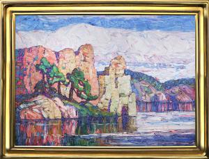 Birger Sandzen, Sandzén, Silent Waters, Colorado, Landscape, painting, oil, vintage, 1920s, 1923, water, tree, rock, mountain, Broadmoor academy, Lindsborg, Kansas, artist, Art, for sale, Denver, Colorado, gallery, purchase