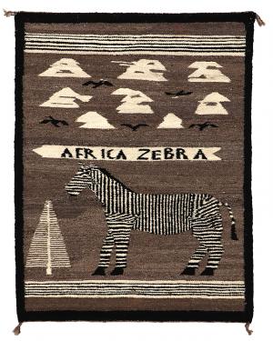Pictorial, Navajo Rug, Africa, Zebra, Tree, Bird, Clouds, brown, black, white, Dine, Art, for sale, Denver, Colorado, gallery, purchase, vintage, textile, weaving, antique, native American, American Indian, southwest, wool, 1955, 20th century  