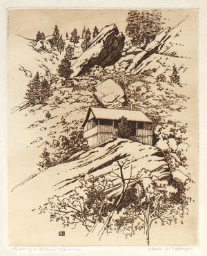 George Elbert Burr, Our Cabin , Rocky Mountains, Colorado, etching, circa 1910-1930, engraving, fine art, for sale, denver, gallery, colorado, antique, buy, purchase