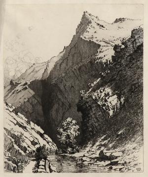 George Elbert Burr, Bear Creek Canyon, Denver , Colorado, etching, circa 1922, engraving, fine art, for sale, denver, gallery, colorado, antique, buy, purchase