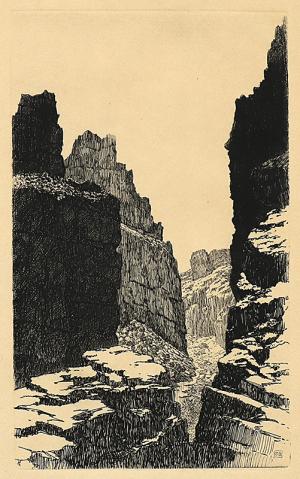 George Elbert Burr, Fish Creek, Apache Trail , Arizona, etching, circa 1925, engraving, fine art, for sale, denver, gallery, colorado, antique, buy, purchase