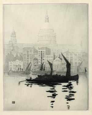 George Elbert Burr, Misty Day, Paul's Wharf, London, etching, circa 1905, engraving, fine art, for sale, denver, gallery, colorado, antique, buy, purchase