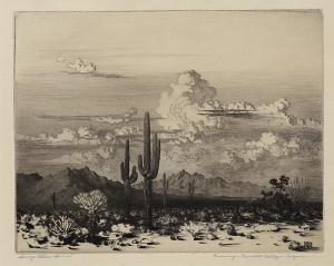 George Elbert Burr, Evening, Paradise Valley, Arizona, etching, circa 1925, engraving, fine art, for sale, denver, gallery, colorado, antique, buy, purchase